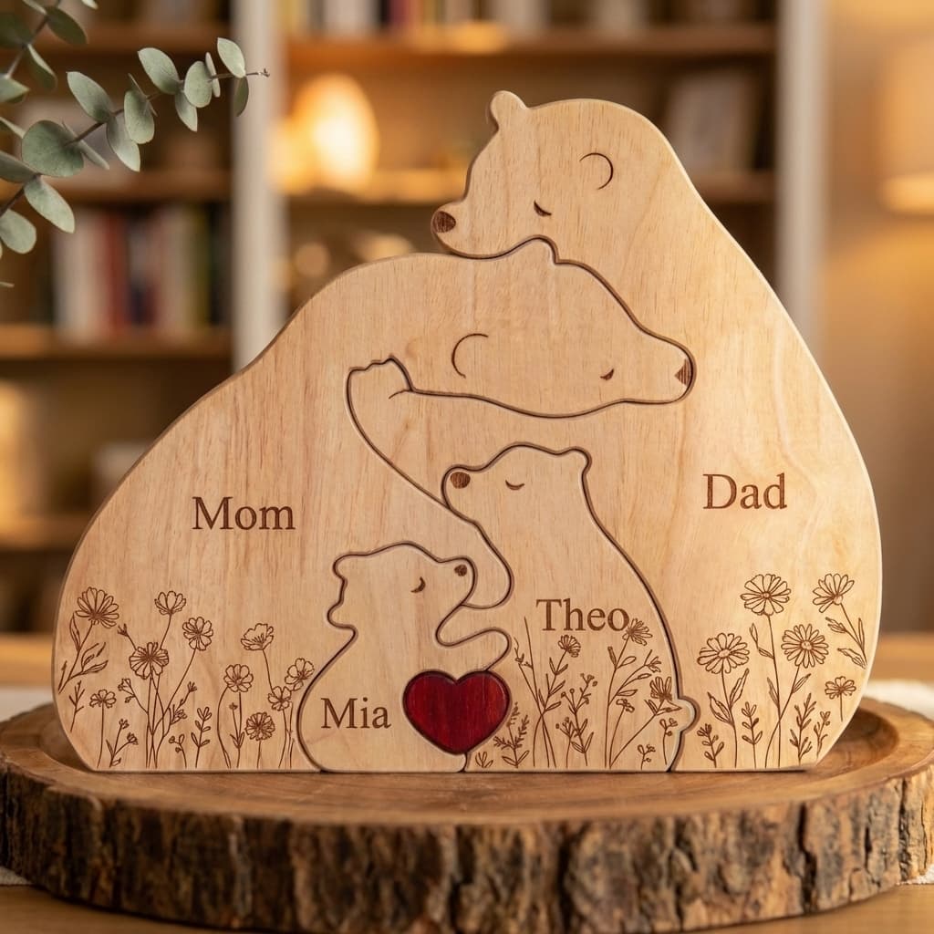 Personalized wooden bear family puzzle with flowers