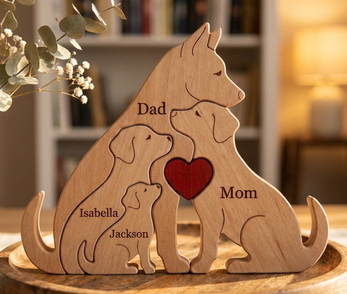 Personalized wooden dog family puzzle with engraved names